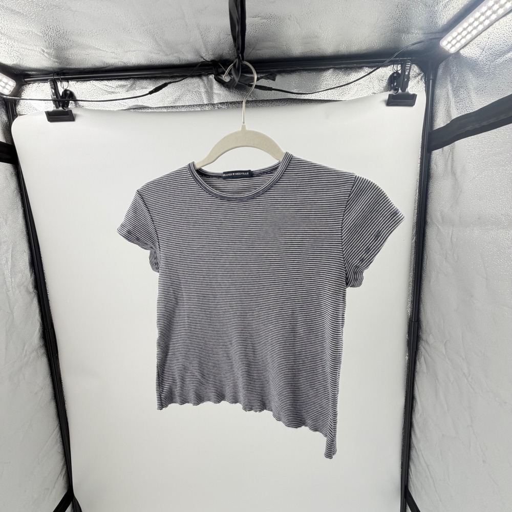 Brandy Melville‎ Navy Blue White Micro Striped Baby Tee Nautical Maritime